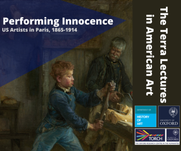 Background is a painting of a boy doing woodwork with a man looking on. Text in blue overlay reads 'performing innocence, U.S artists in paris 1865 - 1914'. Additional text reads 'The Terra Lectures in American Art'