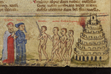 manuscript image of two men dressed (one in blue, one in red) greeting three undressed men coming from a tower