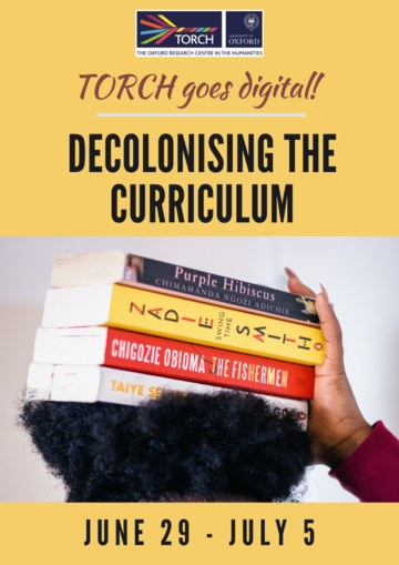 Decolonising the Curriculum poster, yellow background, Woman holding books on her head.