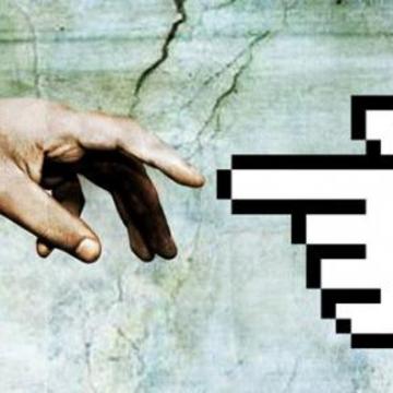 A hand from Michelangelo's 'Creation of Adam' reaches out towards a digital computer mouse pointer