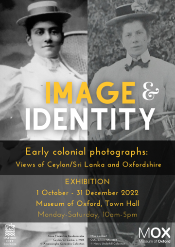 Poster for the "Image & Identity" exhibition, with black-and-white photographs of two women in outdoor formal wear and straw hats