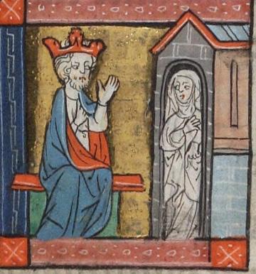 A king consults an anchorite. Beinecke MS 404 (Rothschild Canticles), Yale Library
