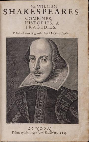 Title page of the First Folio, by William Shakespeare, with copper engraving of the author by Martin Droeshout