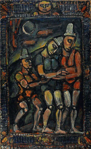 Image depicting a painting by Georges Rouault of a clown seemingly unwell who is flanked by two other clowns who help him to walk. 