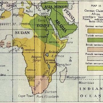 drawn map showing Spain, Sudan, Egypt, Africa, Arabia, Asia Minor, Persia, the Indian Ocean and other places 