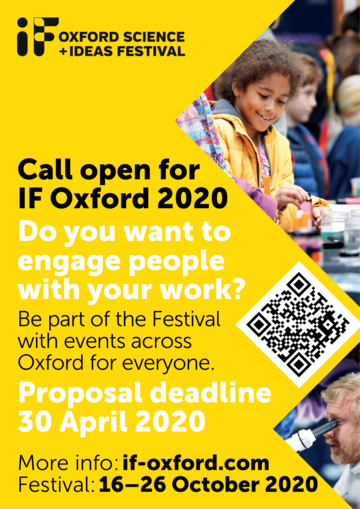 Yellow poster reading "Call open for IF Oxford 2020" with photo of child
