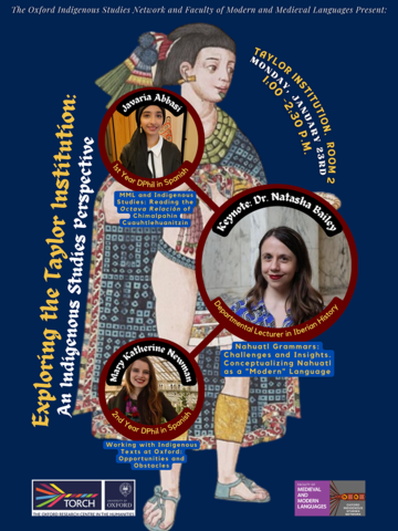 A poster featuring an indigenous illustration and portraits of the 3 speakers.