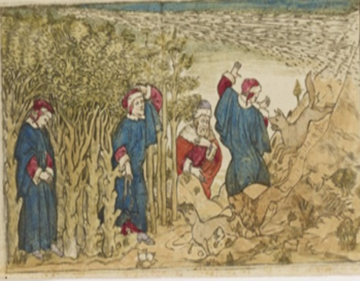 painting showing dante being attacked by beasts
