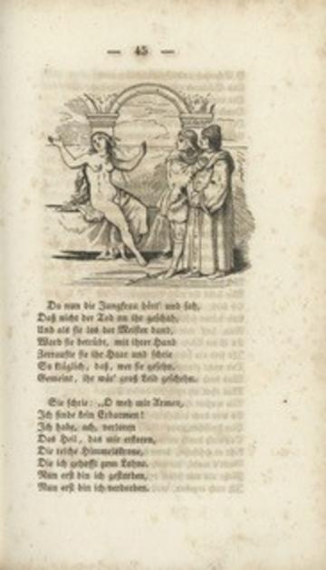 Nineteenth-century woodcut showing a long-haired naked female figure with arms raised, looking away from the two clothed men who are looking at her. German verse underneath. 
