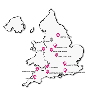 A map of the UK, highlighting natural trust properties where the vases are on display