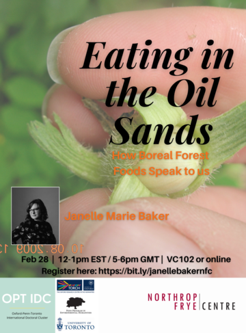Eating in the Oil Sands poster with an image of a hand holding food from the forest