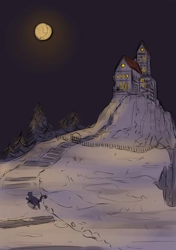 Digital illustration of a gothic house on a large hill by night, with a black cat walking up the path.