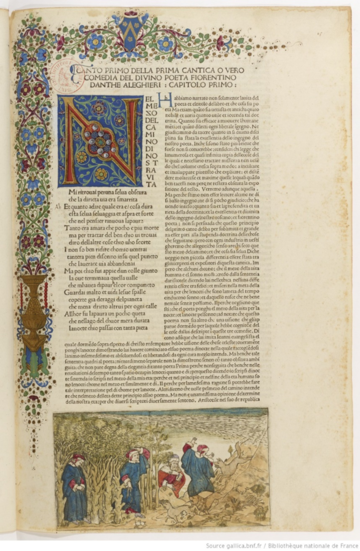 manuscript of opening of inferno, colourful decoration surrounds the text