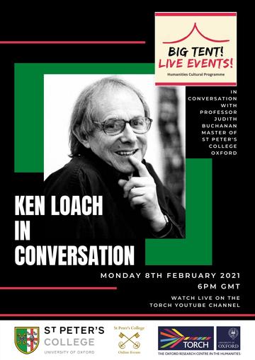 Black and white image of Ken Loach on a black and green background, with event details