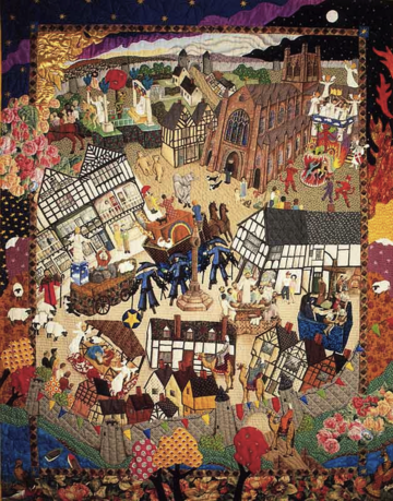 Quilt of the Chester Myster Plays showing colourful depiction of town centre in warm tones, edwardian style buildings. 
