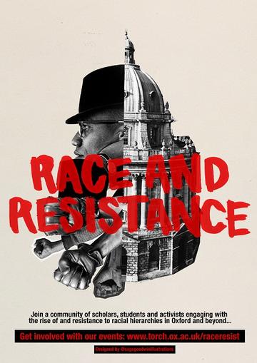 Pink background with a black and white logo of the rad cam and a face, and clenched fists. The words 'race and resistance' are painted in red over the top.