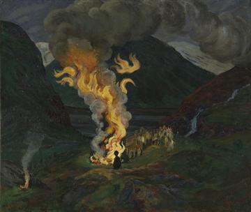 Image of painting "Jonsokbål" by Nikolai Astrup, showing a fire in the mountains