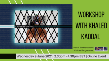 Publicity Image for 'The Formula of Giving Heart - Workshop with Khaled Kaddal'. The background is green with an image of a human plugged in with wires behind bars.
