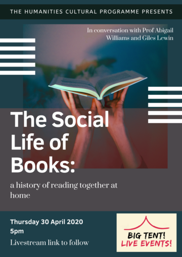 "The Social Life of Books" on a shadowy blue, red background with a pair of hands holding up an open book 