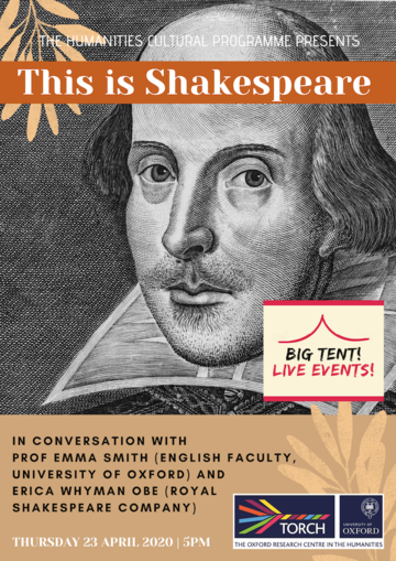 "This is Shakespeare" in an orange banner above a pencil portrait of Shakespeare