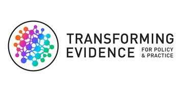 Image of the 'Transforming evidence' logo depicts on the left of the text a circle in which differnt colour and size circles are dash-linked with eachother creating an image of a network.
