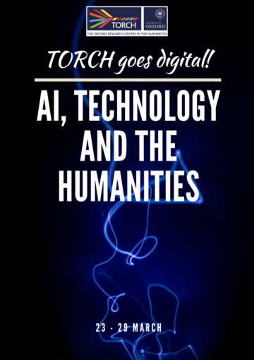 Blue background with text reading "TORCH Goes Digital! AI, Technology and the Humanities" 