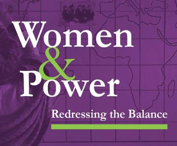 Women & Power poster, featuring green and white text against a purple background with an overlay of a section of a map.