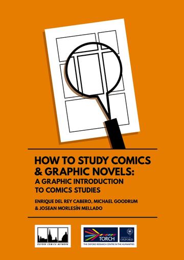 Orange background with styalised comic book page with magnifying glass