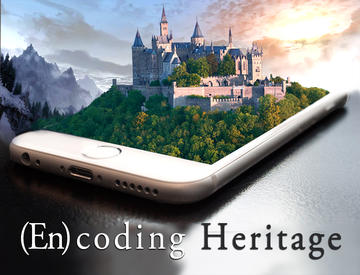 Iphone with 3D castle coming out of screen, mountain view background