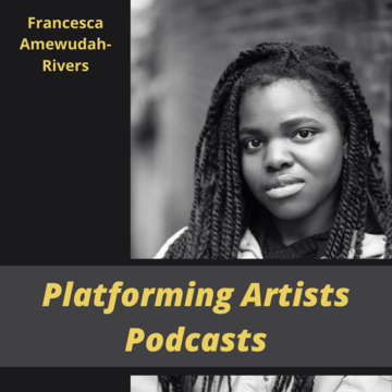 BLack and white image of woman with dredded black hair and white top. Black and Grey styalistic shapes on the left and bottom of the image