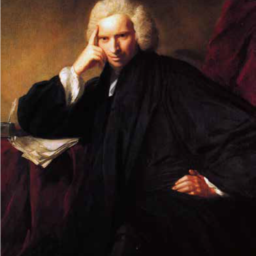 Painting of Laurence Sterne, in black attire, posing with his right elbow in a bent position, leaning on a table covered with sheets of paper, and his index finger on his temple and knuckles on his cheek and his left hand on his hip.
