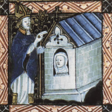 Enclosing of an anchoress (14th century). Cambridge, Corpus Christi College, MS 079: Pontifical, CC BY-NC-SA