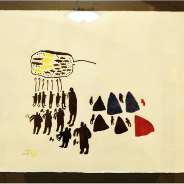 A printed image of a group of Inuit, gathered around a fishing weir and a series of tents.