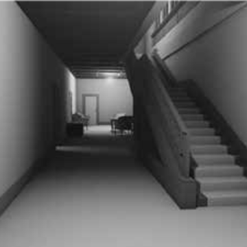 Image of hall and staircase of the Villa Stiassni as displayed in the video game sequence.