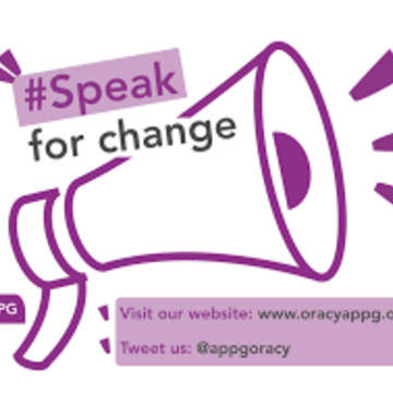 Speak for change logo displaying a drawing of a megaphone 