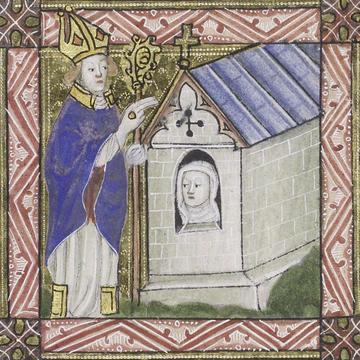 14th century image of enclosing of an anchorite - a face at the window of a small building, with a figure in religious attire standing outside