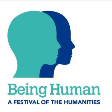 Being Human Festival Logo with two heads in profile together in blue and turquoise