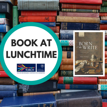 Background of colourful old book spines, overlaid with a white circle containing the words 'Book at Lunchtime' and to the right, the cover of Born to Write.