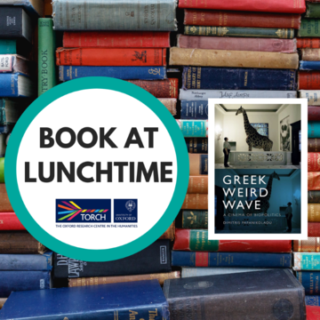 Background of colourful old book spines, overlaid with a white circle containing the words 'Book at Lunchtime' and to the right, the cover of Greek Weird Wave.