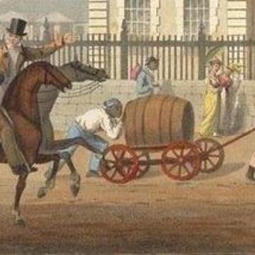Painting of some horses and a barrel on a cart in the street.