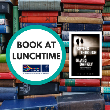 Background is colourful old book spines. On the left is a white circle containing the words Book at Lunchtime. On the right is the cover of Spying Through a Glass Darkly