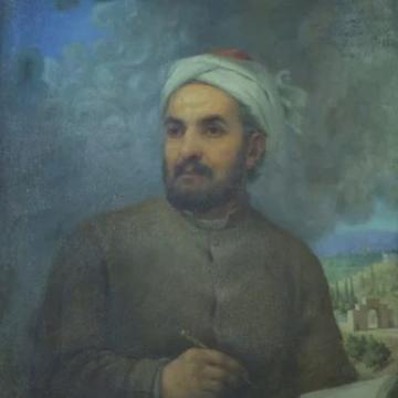 Painting of Hafez (spiritual poet), wearing grey coat holding pen and book, looking off to the left