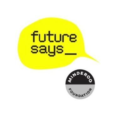 Yellow speech bubble with future says written in the middle, to the right is a small black and grey circular logo for the Minderoo Foundation
