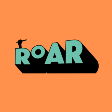 The ROAR logo which is turquoise letters on an orange background with the silhouette of a hand holding a paintbrush