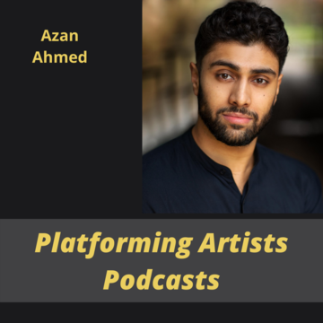 headshot of man with dark hair and beard, wearing dark blue top. Grey square overlaps image for title of podcast in orange