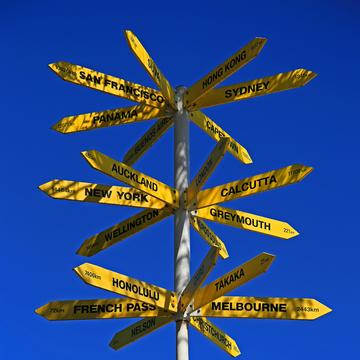 Yellow signposts pointing in many different directions