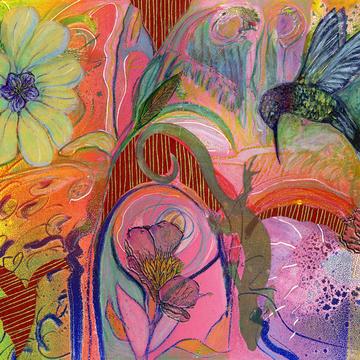A vibrant painting of overlapping flowers and animals.