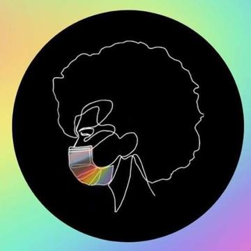 A water colour rainbow background with a black circle in the middle and a silhouette of a person wearing a rainbow coloured mask 