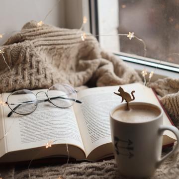 coffee mug, book and glasses agaisnt brown blanket with star twinkle lights