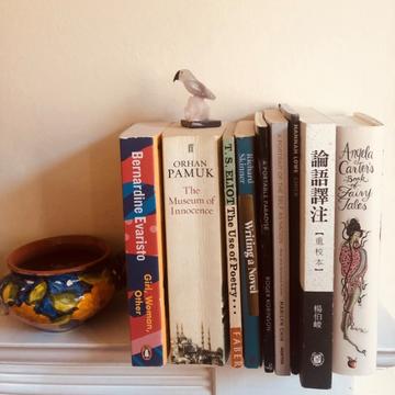9 books sat on a shelf